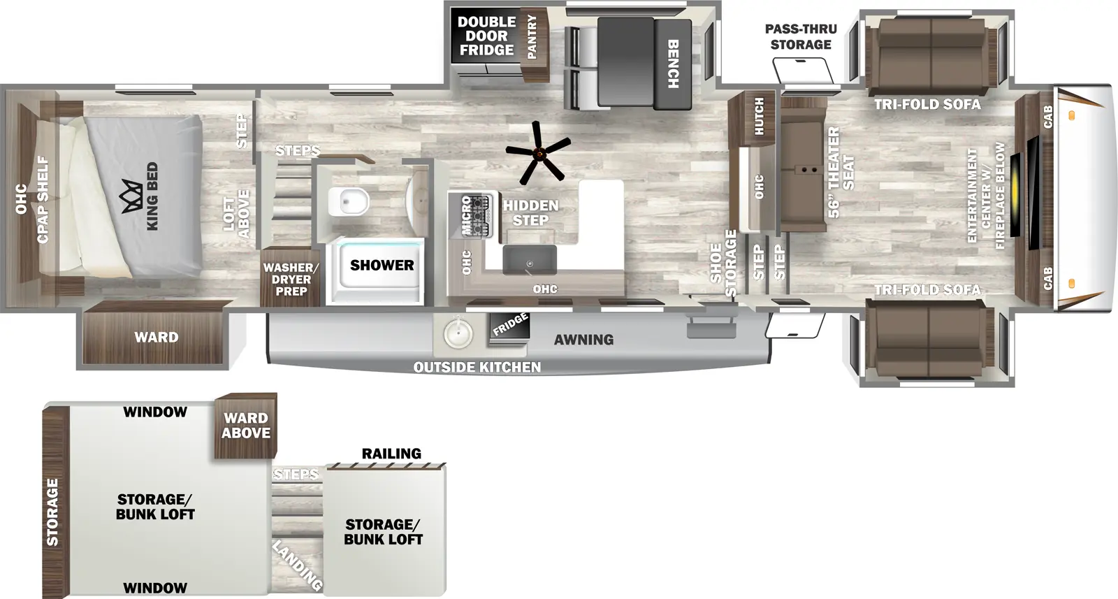 The 37FLL has three slide outs, two on the off-door side and one on the door side and one entry door. Exterior door side features include an awning over an exterior kitchen. There is also a large pass through storage area nearby. Interior layout from front to back. Front living room area with two tri-fold sofas, theatre style seating and a large LED TV. Off the entry door is a kitchen that features U-shaped solid surface countertop, 12 volt refrigerator, pantry, dinette table, farm style sink, large microwave, and a breakfast bar/hutch. Near the rear is a bathroom with a storage loft overhead. In the rear is a master bedroom with a king bed and sleeping loft overhead the bedroom.